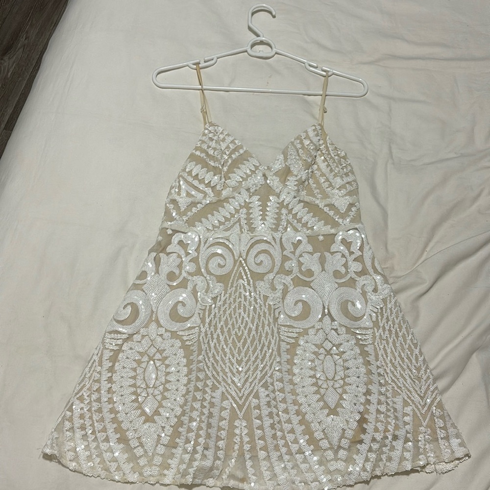 Superdown medium white glitter dress with tan lining